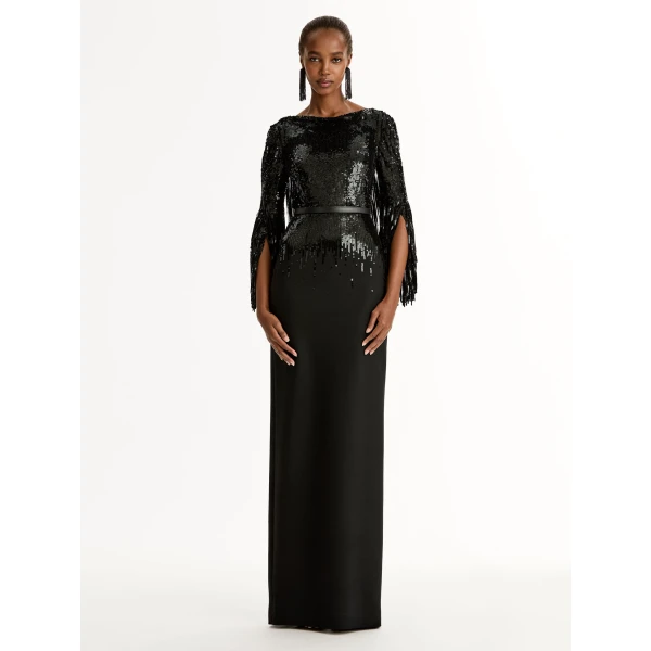 Oscar de la Renta Sequin Fringe Gown in Black, view 2