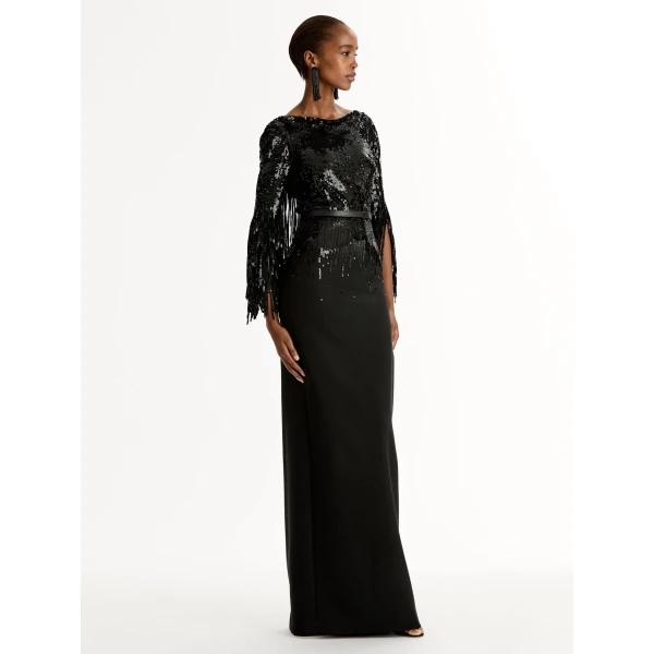 Oscar de la Renta Sequin Fringe Gown in Black, view 4