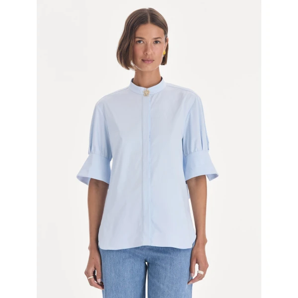 Oscar de la Renta Short Sleeve Cotton Poplin Sateen Blouse