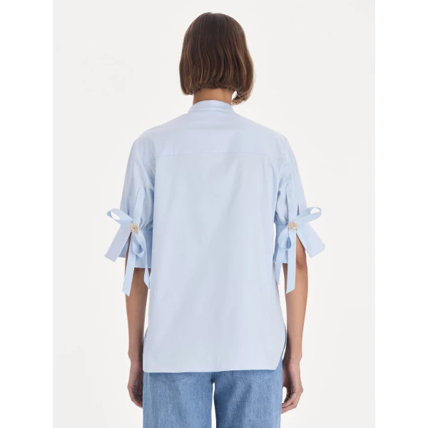Oscar de la Renta Short Sleeve Cotton Poplin Sateen Blouse