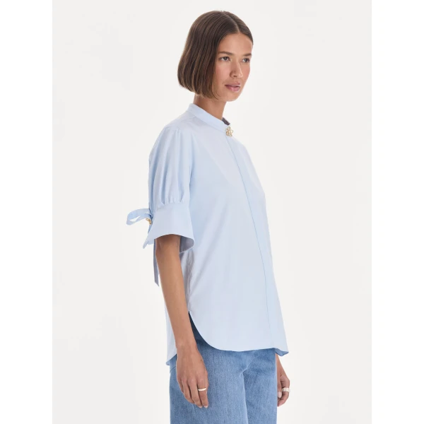Oscar de la Renta Short Sleeve Cotton Poplin Sateen Blouse