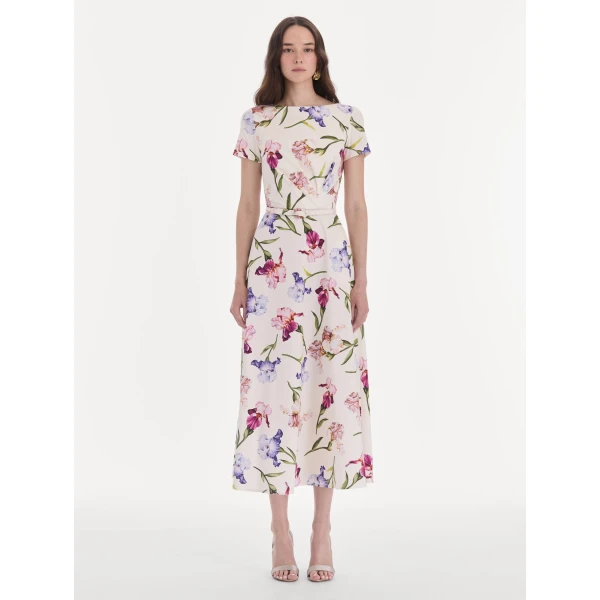 Oscar de la Renta Short Sleeve Iris Flowers Poplin Day Dress