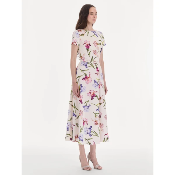 Oscar de la Renta Short Sleeve Iris Flowers Poplin Day Dress