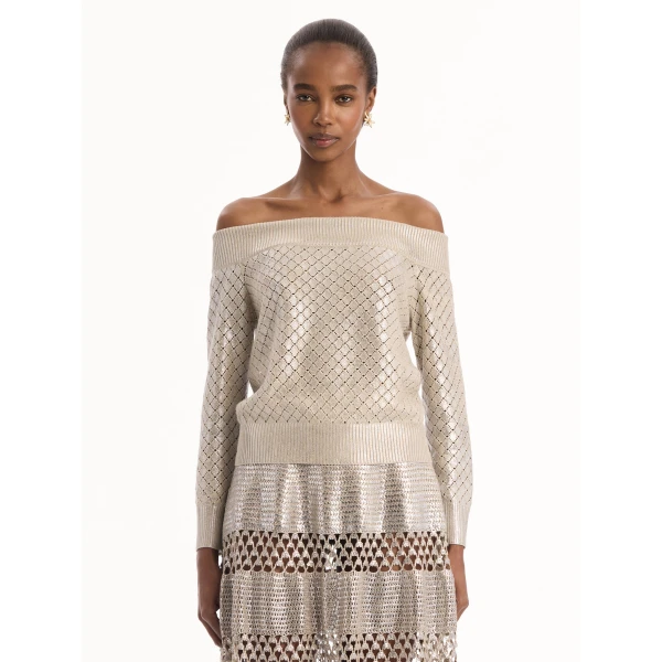 Oscar de la Renta Silver Foil Off-Shoulder Pullover, view 2