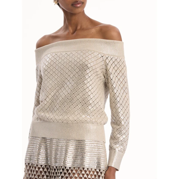 Oscar de la Renta Silver Foil Off-Shoulder Pullover, view 6