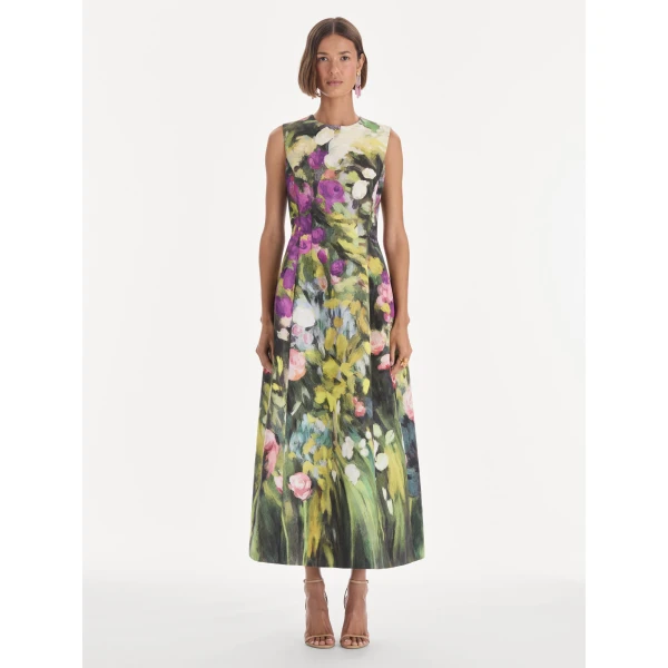 Oscar de la Renta Sleeveless Abstract Garden Faille Cocktail Dress