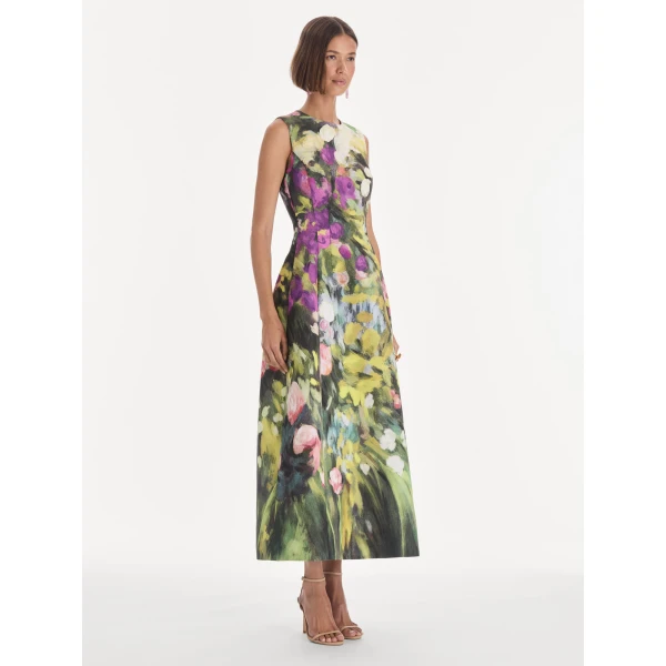 Oscar de la Renta Sleeveless Abstract Garden Faille Cocktail Dress