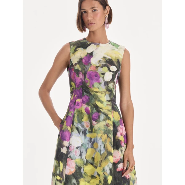 Oscar de la Renta Sleeveless Abstract Garden Faille Cocktail Dress