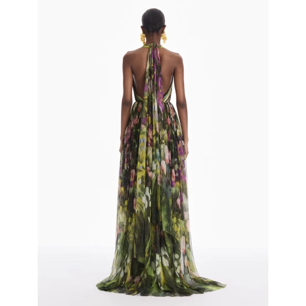 Oscar de la Renta Sleeveless Abstract Landscape Chiffon Gown