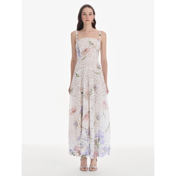 Oscar de la Renta Sleeveless Large Iris Degrade Printed Lace Day Dress