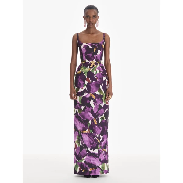 Oscar de la Renta Sleeveless Large Watercolor Iris Faille Gown