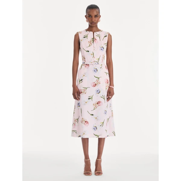 Oscar de la Renta Sleeveless Painted Iris Poplin Day Dress