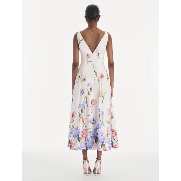 Oscar de la Renta Sleeveless V Neck Large Iris Degrade Poplin Dress