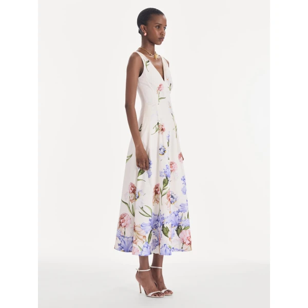 Oscar de la Renta Sleeveless V Neck Large Iris Degrade Poplin Dress