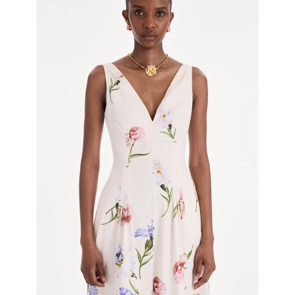 Oscar de la Renta Sleeveless V Neck Large Iris Degrade Poplin Dress