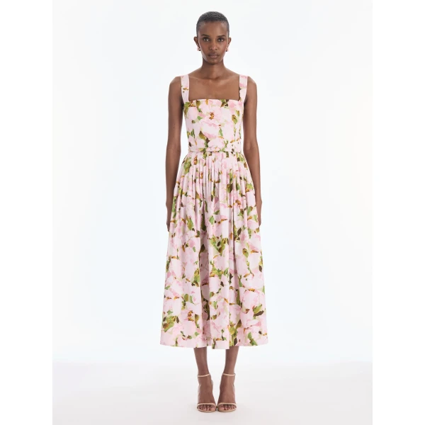 Oscar de la Renta Sleeveless Watercolor Iris Poplin Day Dress