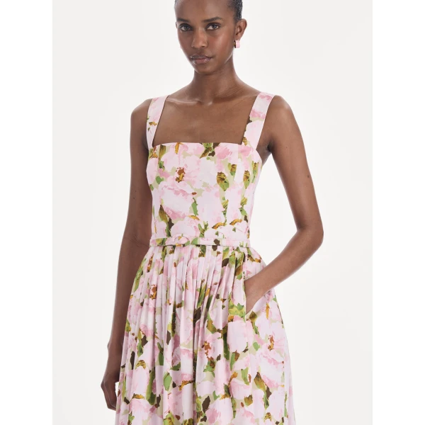Oscar de la Renta Sleeveless Watercolor Iris Poplin Day Dress