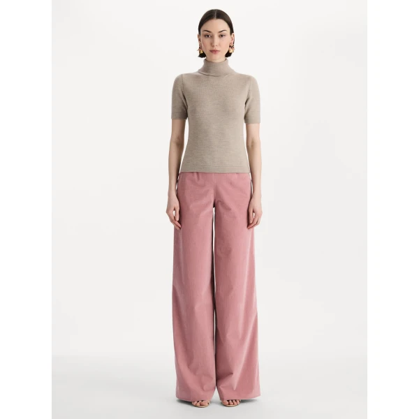 Oscar de la Renta Turtleneck Wool Short-Sleeve Pullover in Taupe, view 3