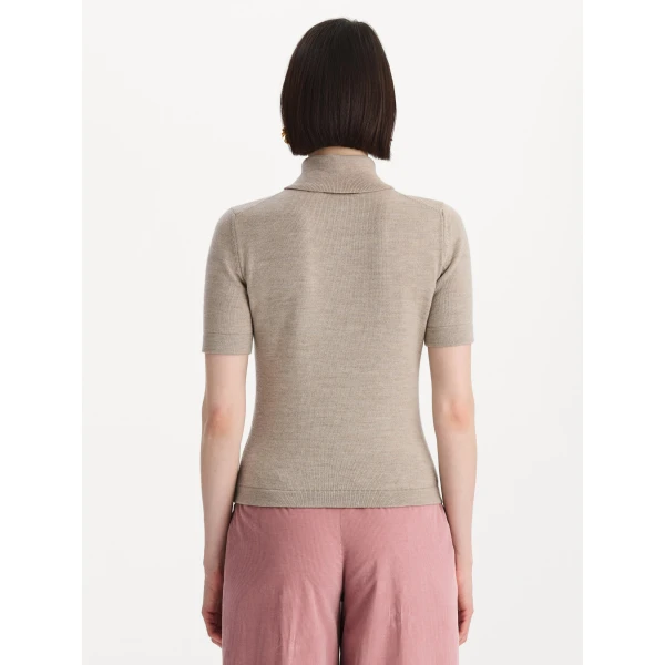 Oscar de la Renta Turtleneck Wool Short-Sleeve Pullover in Taupe, view 4