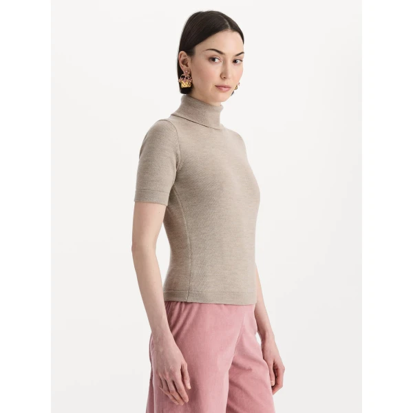 Oscar de la Renta Turtleneck Wool Short-Sleeve Pullover in Taupe, view 5