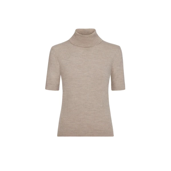 Turtleneck Wool Short-Sleeve Pullover in Taupe