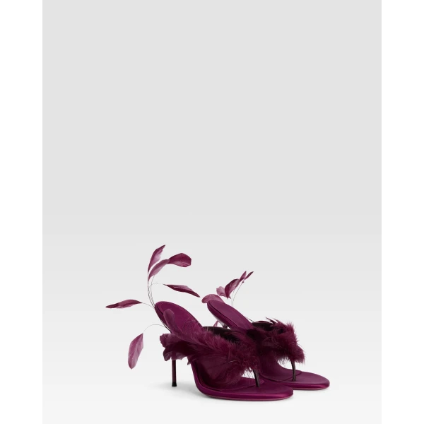 Paris Texas Lidia 105 Feather Thong Mules in Rouge Noir Satin | Mules | Coveti