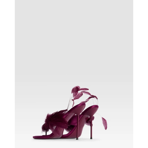 Paris Texas Lidia 105 Feather Thong Mules in Rouge Noir Satin | Mules | Coveti