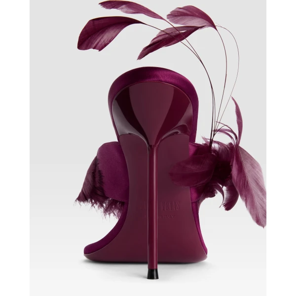 Paris Texas Lidia 105 Feather Thong Mules in Rouge Noir Satin | Mules | Coveti