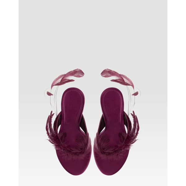 Paris Texas Lidia 105 Feather Thong Mules in Rouge Noir Satin | Mules | Coveti