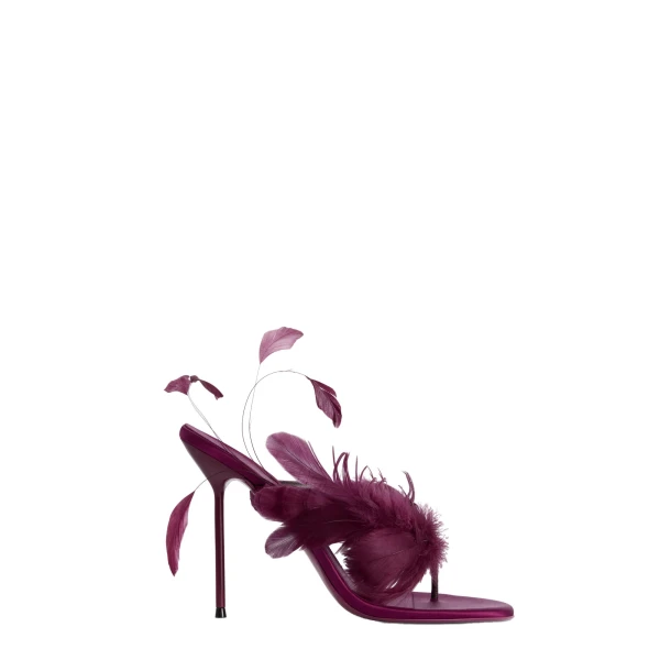 Paris Texas Lidia 105 Feather Thong Mules in Rouge Noir Satin | Coveti