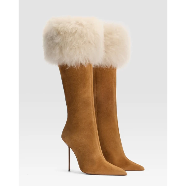 Paris Texas Lidia 105 Fur Boots in Tan Suede and Ivory Fur | Boots | Coveti