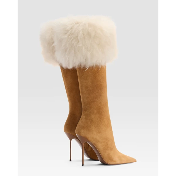 Paris Texas Lidia 105 Fur Boots in Tan Suede and Ivory Fur | Boots | Coveti