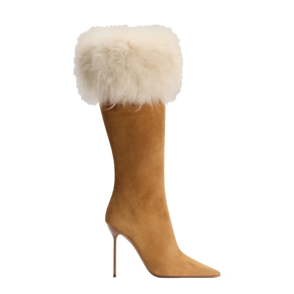 Paris Texas Lidia 105 Fur Boots in Tan Suede and Ivory Fur | Coveti