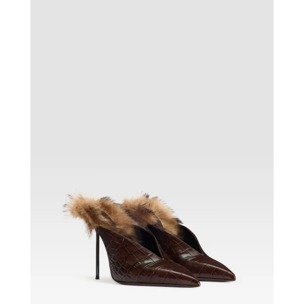 Paris Texas Lidia 105 Fur Sabots in Ebano Croc-Embossed Leather and Shearling | Mules | Coveti