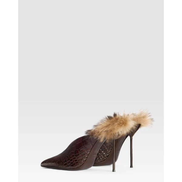 Paris Texas Lidia 105 Fur Sabots in Ebano Croc-Embossed Leather and Shearling | Mules | Coveti