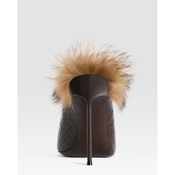 Paris Texas Lidia 105 Fur Sabots in Ebano Croc-Embossed Leather and Shearling | Mules | Coveti
