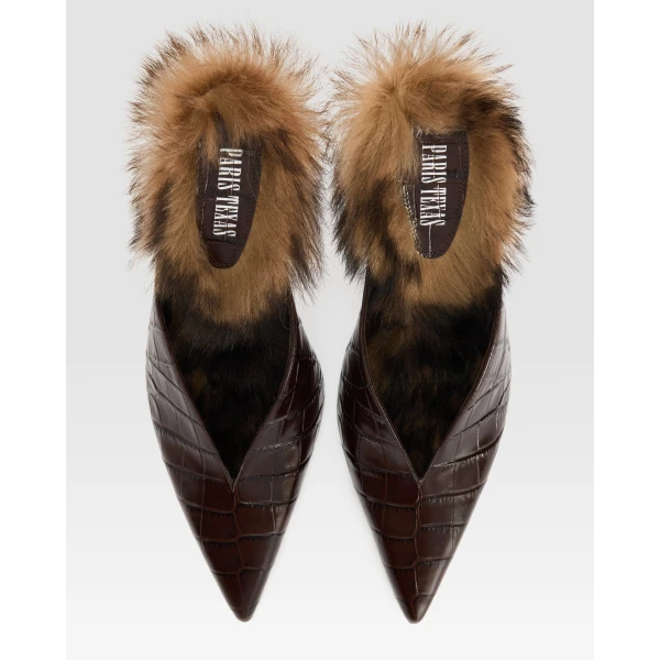 Paris Texas Lidia 105 Fur Sabots in Ebano Croc-Embossed Leather and Shearling | Mules | Coveti