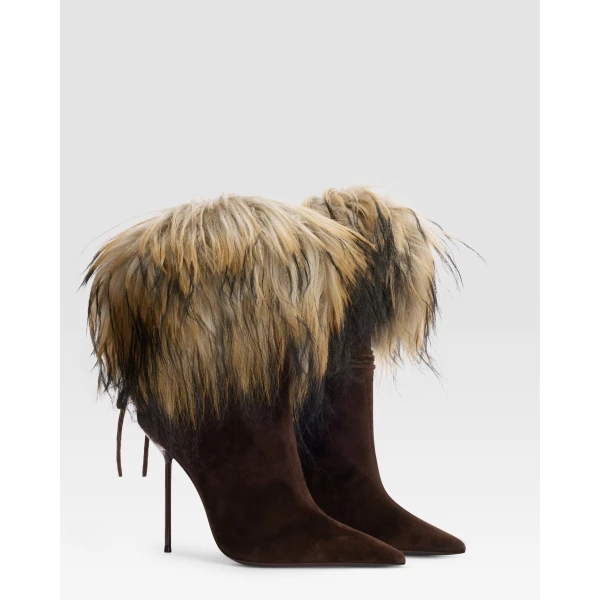 Paris Texas Lidia 105 Lace-Up Fur Ankle Boots in Fondente Suede | Boots | Coveti