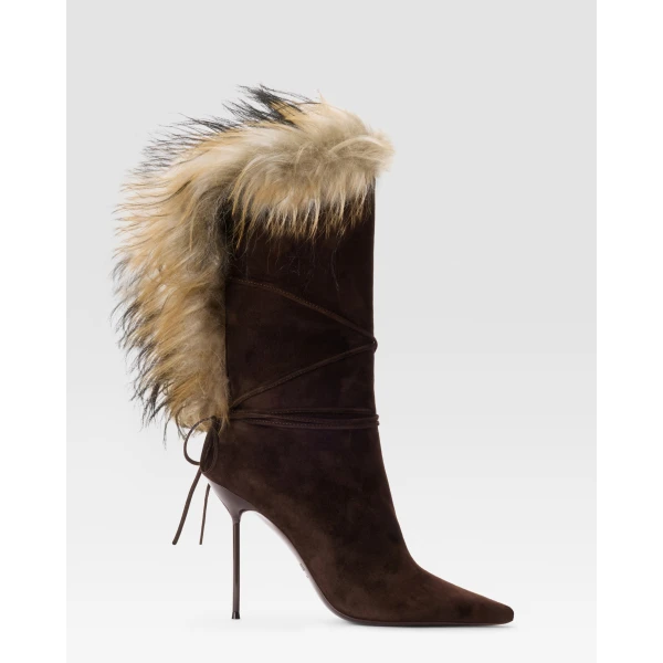 Paris Texas Lidia 105 Lace-Up Fur Ankle Boots in Fondente Suede | Boots | Coveti