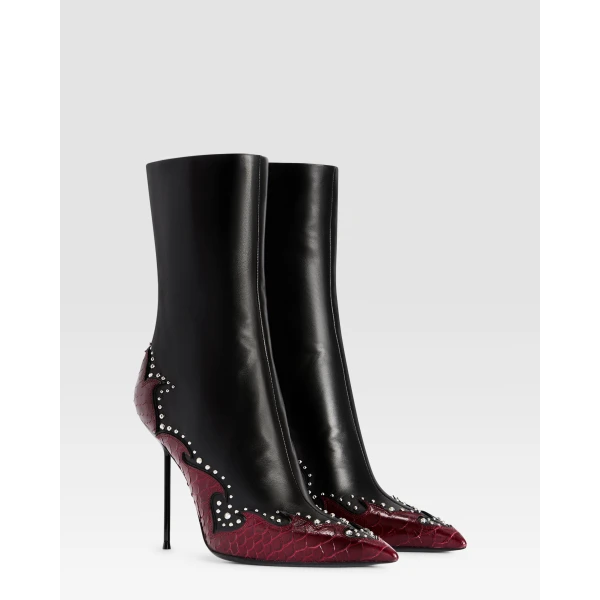 Paris Texas Lidia 105 Queen of Hearts Ankle Boots in Black Nappa and Deep Red Python-Print Leather | Boots | Coveti