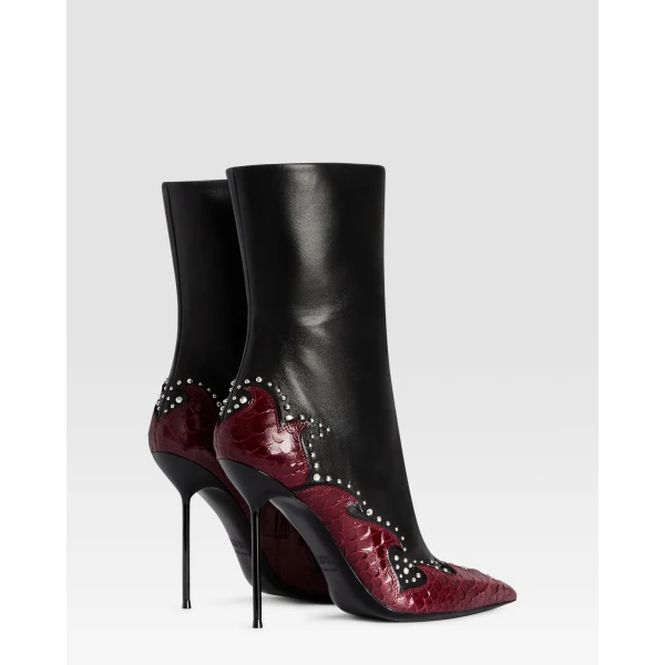 Paris Texas Lidia 105 Queen of Hearts Ankle Boots in Black Nappa and Deep Red Python-Print Leather | Boots | Coveti