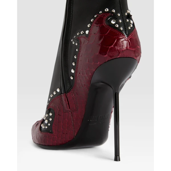 Paris Texas Lidia 105 Queen of Hearts Ankle Boots in Black Nappa and Deep Red Python-Print Leather | Boots | Coveti