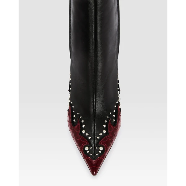 Paris Texas Lidia 105 Queen of Hearts Ankle Boots in Black Nappa and Deep Red Python-Print Leather | Boots | Coveti