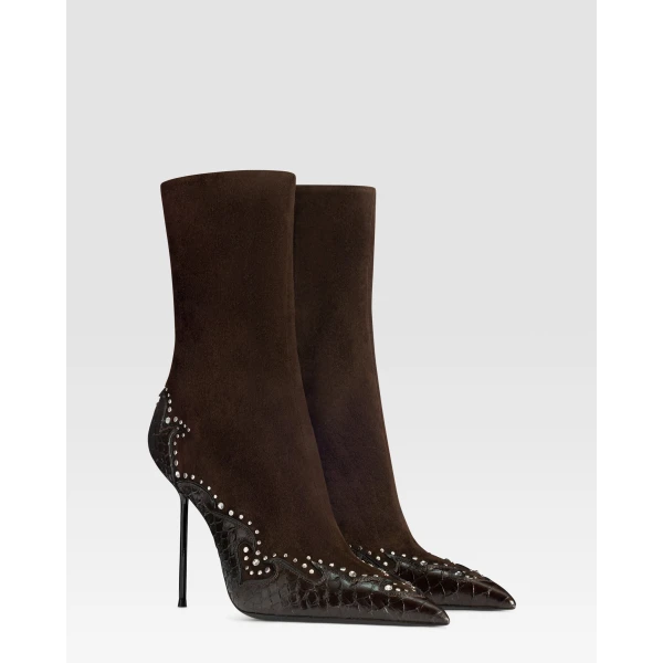Paris Texas Lidia 105 Queen of Hearts Ankle Boots in Fondente Suede and Python-Print Leather | Boots | Coveti