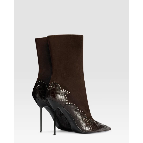 Paris Texas Lidia 105 Queen of Hearts Ankle Boots in Fondente Suede and Python-Print Leather | Boots | Coveti