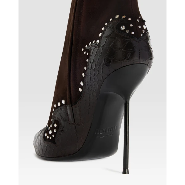 Paris Texas Lidia 105 Queen of Hearts Ankle Boots in Fondente Suede and Python-Print Leather | Boots | Coveti