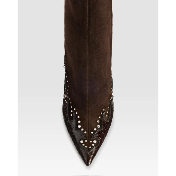 Paris Texas Lidia 105 Queen of Hearts Ankle Boots in Fondente Suede and Python-Print Leather | Boots | Coveti