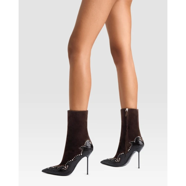 Paris Texas Lidia 105 Queen of Hearts Ankle Boots in Fondente Suede and Python-Print Leather | Boots | Coveti