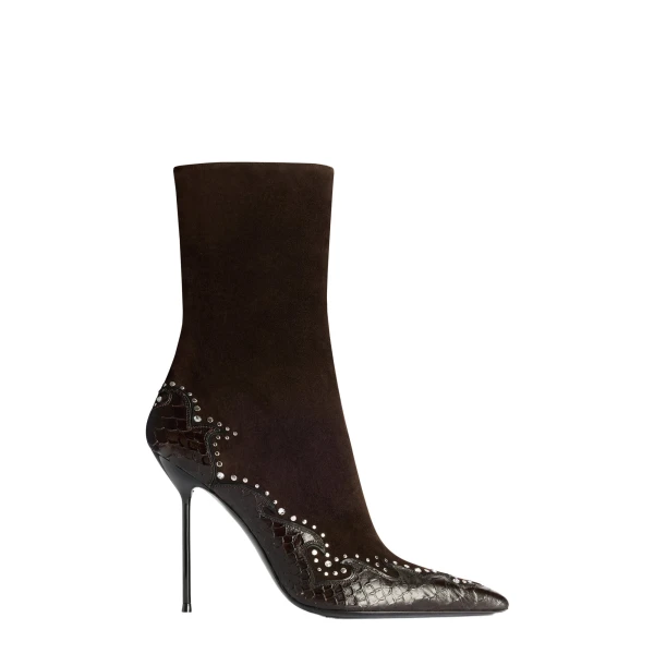 Paris Texas Lidia 105 Queen of Hearts Ankle Boots in Fondente Suede and Python-Print Leather | Coveti