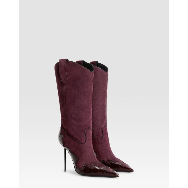 Paris Texas Lidia 105 Queen of Hearts Boots in Rouge Noir Suede and Croc-Embossed Leather | Boots | Coveti